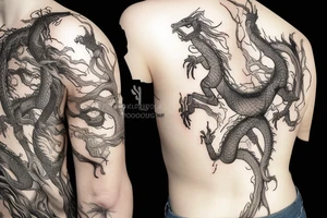 a dragon mergedi into the shape of the roots of a tree with silk like hair tattoo idea