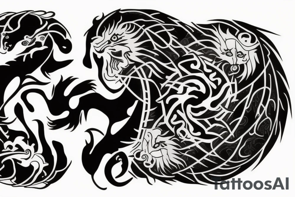 dragon crossed with lion yin and yang tattoo idea