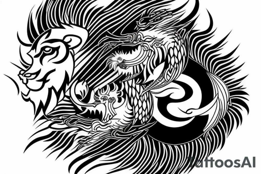 dragon and lion
yin and yang
trippy
shoulder sleeve tattoo idea