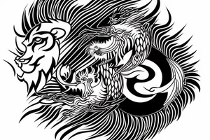 dragon and lion
 yin and yang
trippy
shoulder sleeve tattoo idea