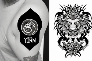 dragon and lion
 yin and yang
trippy
shoulder sleeve tattoo idea