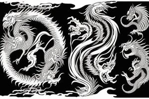 dragon and lion
 yin and yang
Dragon background in heavy black, lion in front
trippy
shoulder sleeve tattoo idea