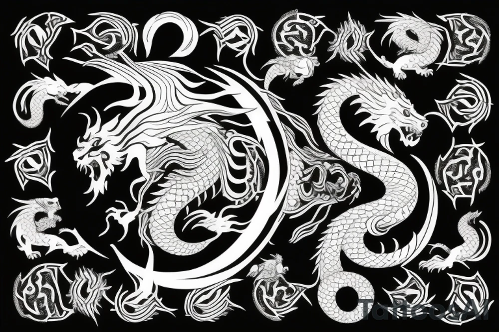 dragon and lion
yin and yang
Dragon background in heavy black, lion in front
trippy
shoulder sleeve tattoo idea