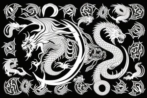 dragon and lion
 yin and yang
Dragon background in heavy black, lion in front
trippy
shoulder sleeve tattoo idea