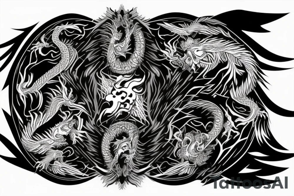 dragon and lion
yin and yang
Dragon background in heavy black, lion in front
trippy
shoulder sleeve tattoo idea
