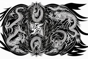 dragon and lion
 yin and yang
Dragon background in heavy black, lion in front
trippy
shoulder sleeve tattoo idea