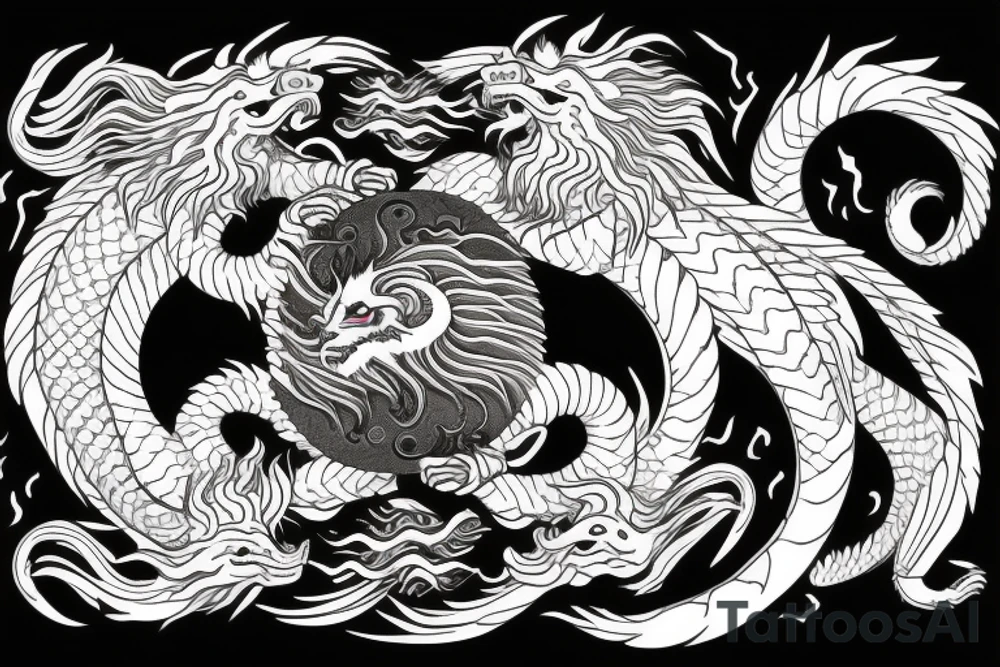 dragon and lion
yin and yang
Dragon in the background, lion in front
trippy
shoulder sleeve tattoo idea