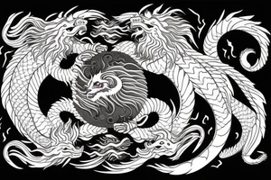 dragon and lion
 yin and yang
Dragon in the background, lion in front
trippy
shoulder sleeve tattoo idea