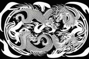dragon and lion
 yin and yang
Dragon in the background, lion in front
trippy
shoulder sleeve tattoo idea