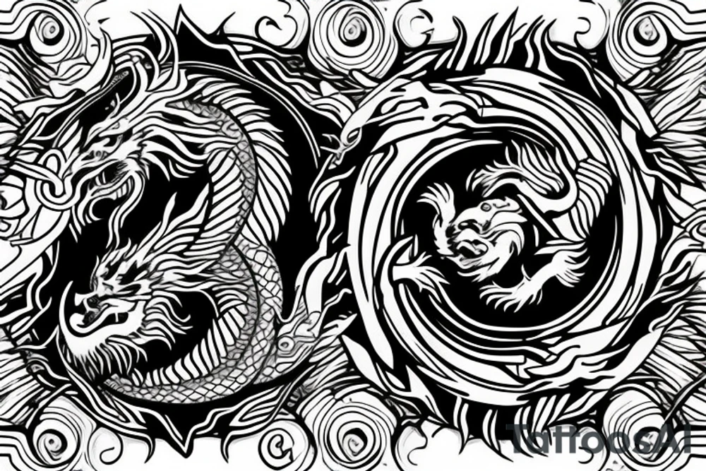 dragon and lion
yin and yang
Dragon in the background, lion in front
trippy
shoulder sleeve tattoo idea