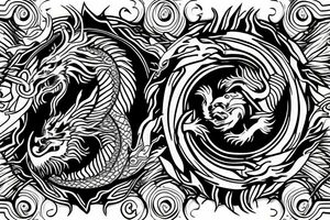 dragon and lion
 yin and yang
Dragon in the background, lion in front
trippy
shoulder sleeve tattoo idea