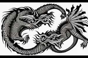 dragon and lion
 yin and yang
Dragon in the background, lion in front
trippy
shoulder sleeve tattoo idea