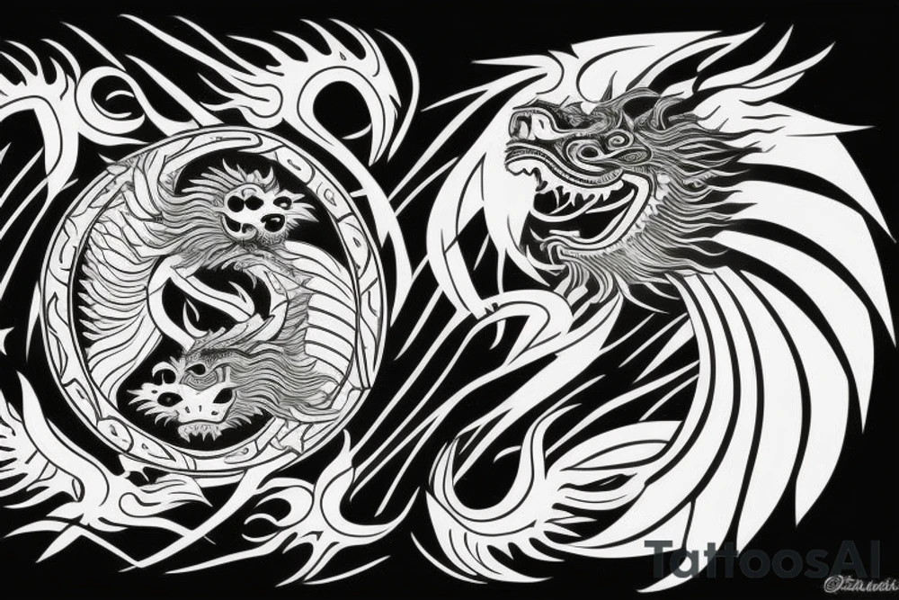 dragon and lion
yin and yang
Dragon in the background, lion in front
trippy
shoulder sleeve tattoo idea