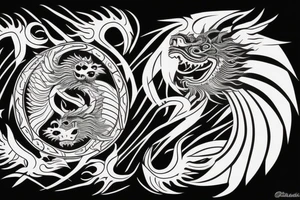 dragon and lion
 yin and yang
Dragon in the background, lion in front
trippy
shoulder sleeve tattoo idea