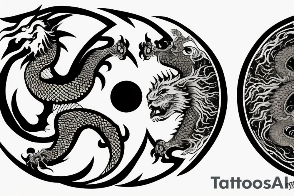 dragon and lion
yin and yang
Dragon in the background, lion in front
trippy
shoulder sleeve tattoo idea