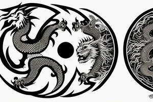 dragon and lion
 yin and yang
Dragon in the background, lion in front
trippy
shoulder sleeve tattoo idea