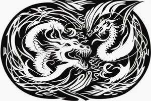 dragon and lion
 yin and yang
Dragon in the background, lion in front
trippy
shoulder sleeve tattoo idea