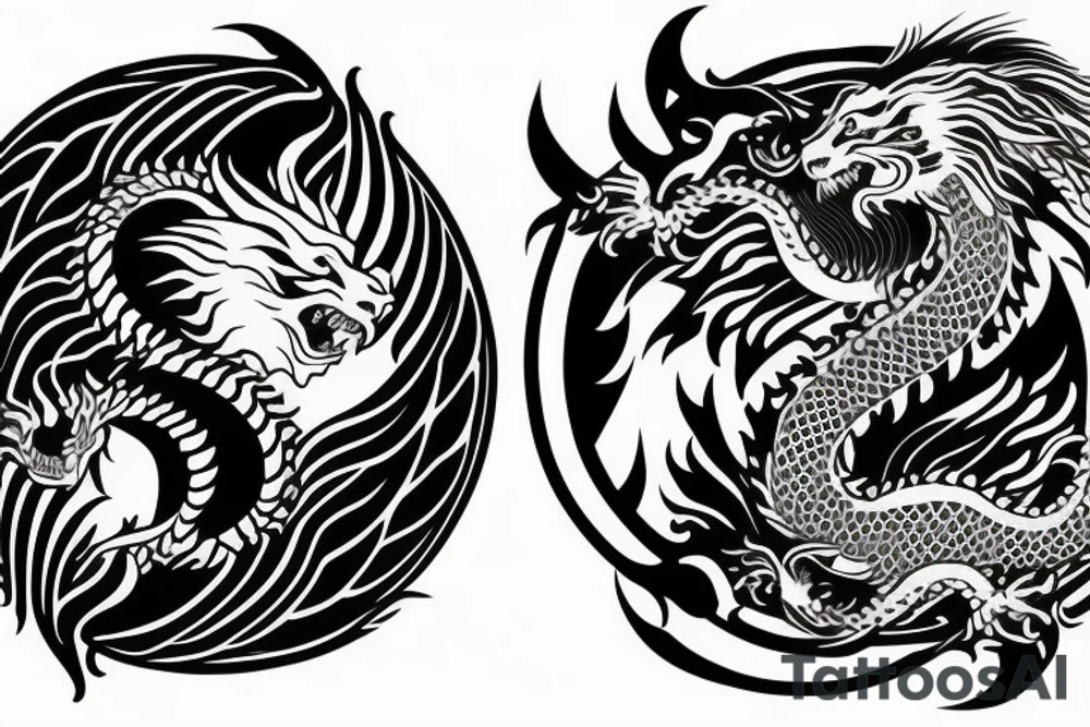 dragon and lion
yin and yang
Dragon in the background, lion in front
trippy
shoulder sleeve tattoo idea