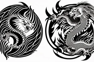 dragon and lion
 yin and yang
Dragon in the background, lion in front
trippy
shoulder sleeve tattoo idea