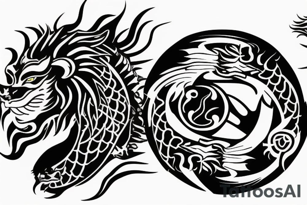 dragon and lion
yin and yang
Dragon in the background, lion in front
trippy
shoulder sleeve tattoo idea