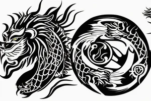 dragon and lion
 yin and yang
Dragon in the background, lion in front
trippy
shoulder sleeve tattoo idea