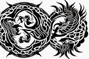 dragon and lion
 yin and yang
Dragon in the background, lion in front
trippy
shoulder sleeve tattoo idea