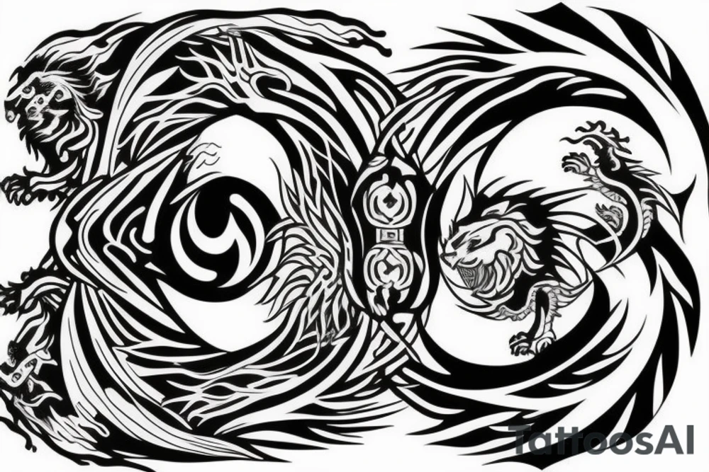 dragon and lion
yin and yang
Dragon in the background, lion in front
trippy
shoulder sleeve tattoo idea