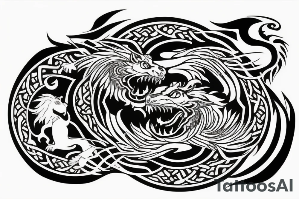 dragon and lion
yin and yang
Dragon in the background, lion in front
two circles
trippy
shoulder sleeve tattoo idea