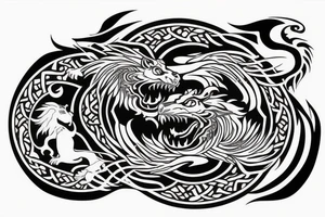 dragon and lion
 yin and yang
Dragon in the background, lion in front
two circles
trippy
shoulder sleeve tattoo idea