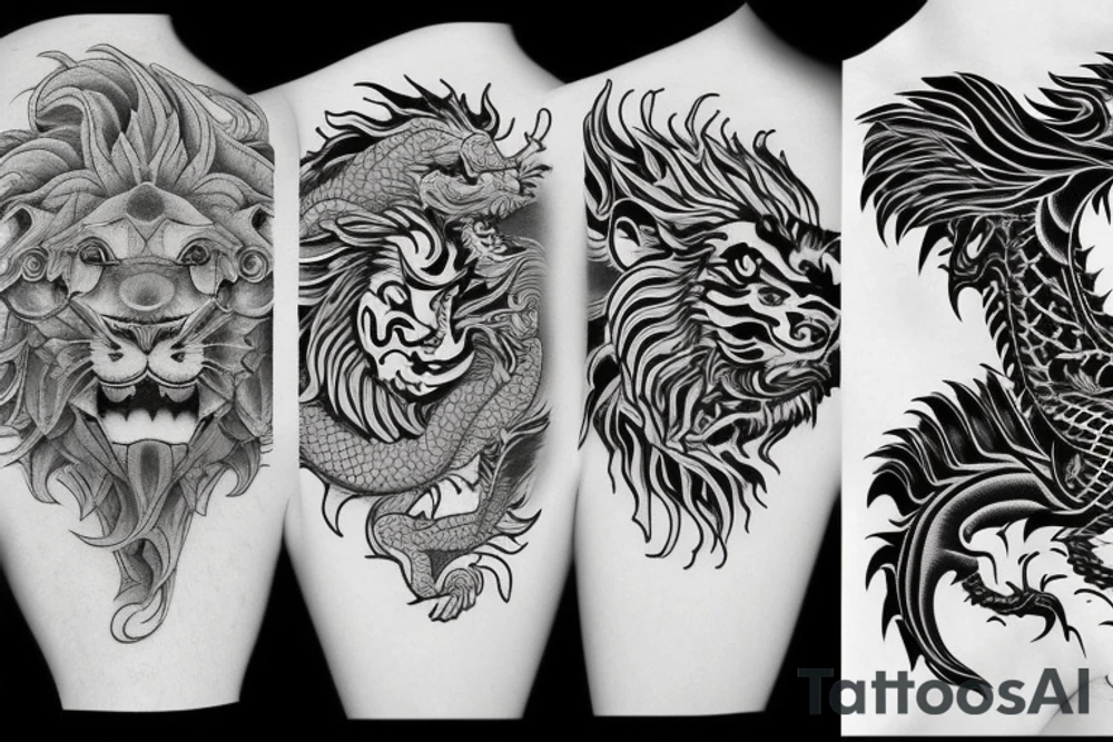 dragon and lion
yin and yang
Dragon in the background, lion in front
two circles
trippy
shoulder sleeve tattoo idea