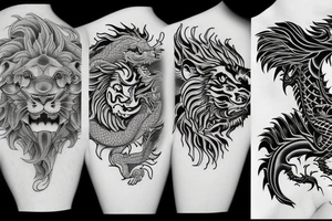 dragon and lion
 yin and yang
Dragon in the background, lion in front
two circles
trippy
shoulder sleeve tattoo idea