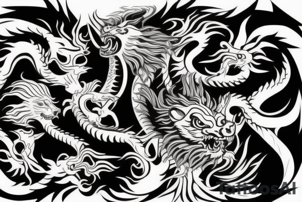 dragon and lion
yin and yang
Dragon in the background, lion in front
two circles
trippy
shoulder sleeve tattoo idea