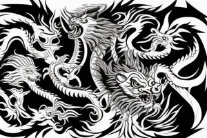 dragon and lion
 yin and yang
Dragon in the background, lion in front
two circles
trippy
shoulder sleeve tattoo idea