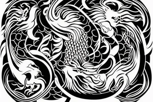 dragon and lion
 yin and yang
Dragon in the background, lion in front
two circles
trippy
shoulder sleeve tattoo idea
