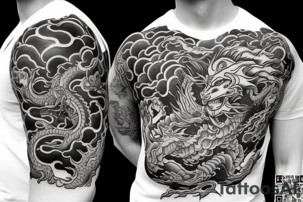 dragon and lion
yin and yang
Dragon in the background, lion in front
two circles
trippy
shoulder sleeve
japanese tattoo idea