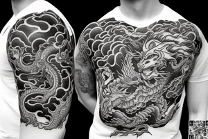 dragon and lion
 yin and yang
Dragon in the background, lion in front
two circles
trippy
shoulder sleeve
japanese tattoo idea