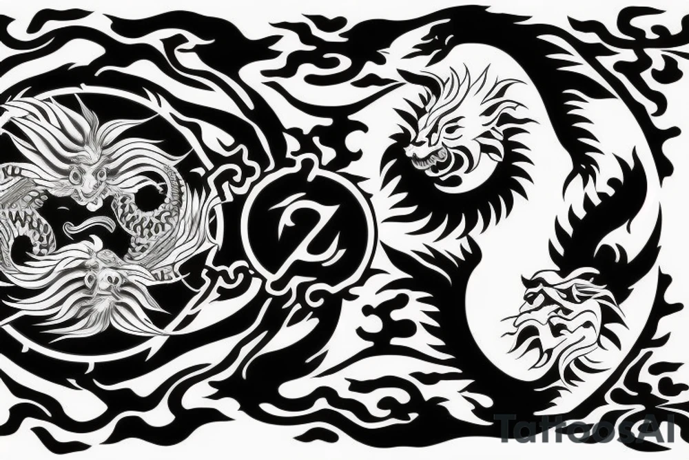 dragon and lion
yin and yang
Dragon in the background, lion in front
two circles
trippy
shoulder sleeve
japanese tattoo idea
