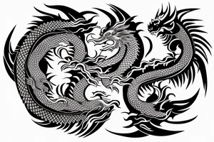 dragon and lion
 yin and yang
Dragon in the background, lion in front
two circles
trippy
shoulder sleeve
japanese tattoo idea