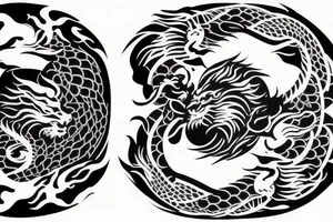 dragon and lion
 yin and yang
Dragon in the background, lion in front
two circles
trippy
shoulder sleeve
japanese tattoo idea