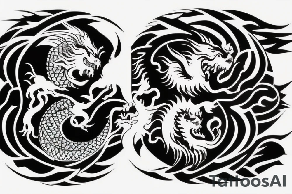 dragon and lion
yin and yang
Dragon in the background, lion in front
two circles
trippy
shoulder sleeve
japanese tattoo idea