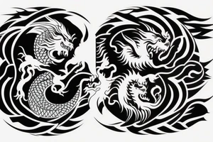 dragon and lion
 yin and yang
Dragon in the background, lion in front
two circles
trippy
shoulder sleeve
japanese tattoo idea