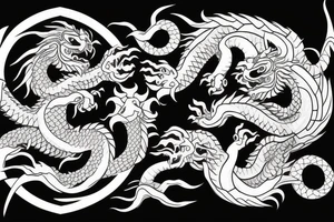 dragon and lion
 yin and yang
Dragon in the background, lion in front
two circles
trippy
shoulder sleeve
japanese tattoo idea