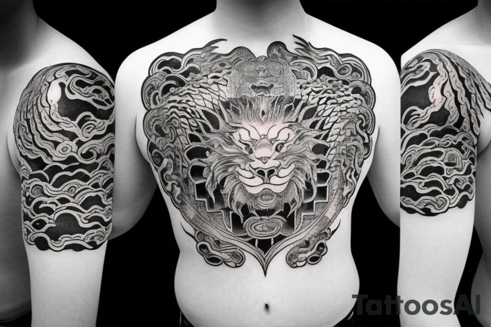 dragon and lion
 yin and yang
Dragon in the background, lion in front
two circles that merge
trippy
shoulder sleeve
japanese tattoo idea