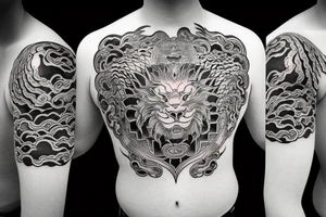 dragon and lion
 yin and yang
Dragon in the background, lion in front
two circles that merge
trippy
shoulder sleeve
japanese tattoo idea