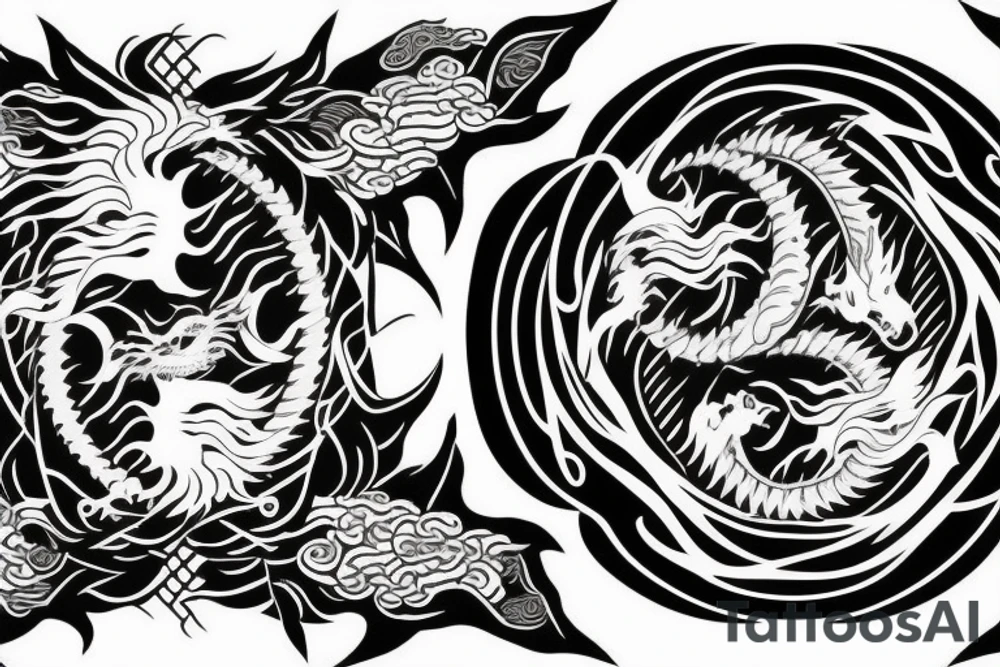 dragon and lion
 yin and yang
Dragon in the background, lion in front
two circles that merge
trippy
shoulder sleeve
japanese tattoo idea