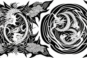 dragon and lion
 yin and yang
Dragon in the background, lion in front
two circles that merge
trippy
shoulder sleeve
japanese tattoo idea