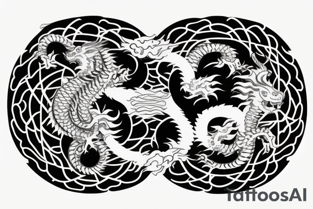 dragon and lion
 yin and yang
Dragon in the background, lion in front
two circles that merge
trippy
shoulder sleeve
japanese tattoo idea