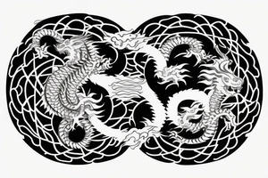 dragon and lion
 yin and yang
Dragon in the background, lion in front
two circles that merge
trippy
shoulder sleeve
japanese tattoo idea