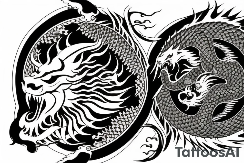 dragon and lion
 yin and yang
Dragon in the background, lion in front
two circles that merge
trippy
shoulder sleeve
japanese tattoo idea