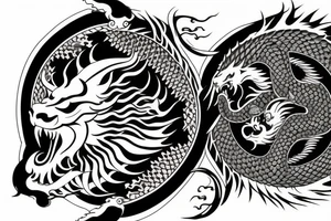 dragon and lion
 yin and yang
Dragon in the background, lion in front
two circles that merge
trippy
shoulder sleeve
japanese tattoo idea